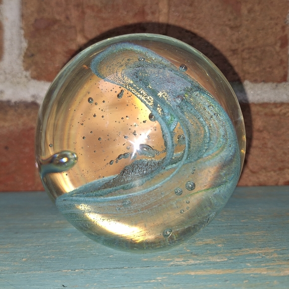 Bubble Glass Paper Weight Hand Made Blown Magic Teal Aqua Green Tinted Pearl - Picture 5 of 16